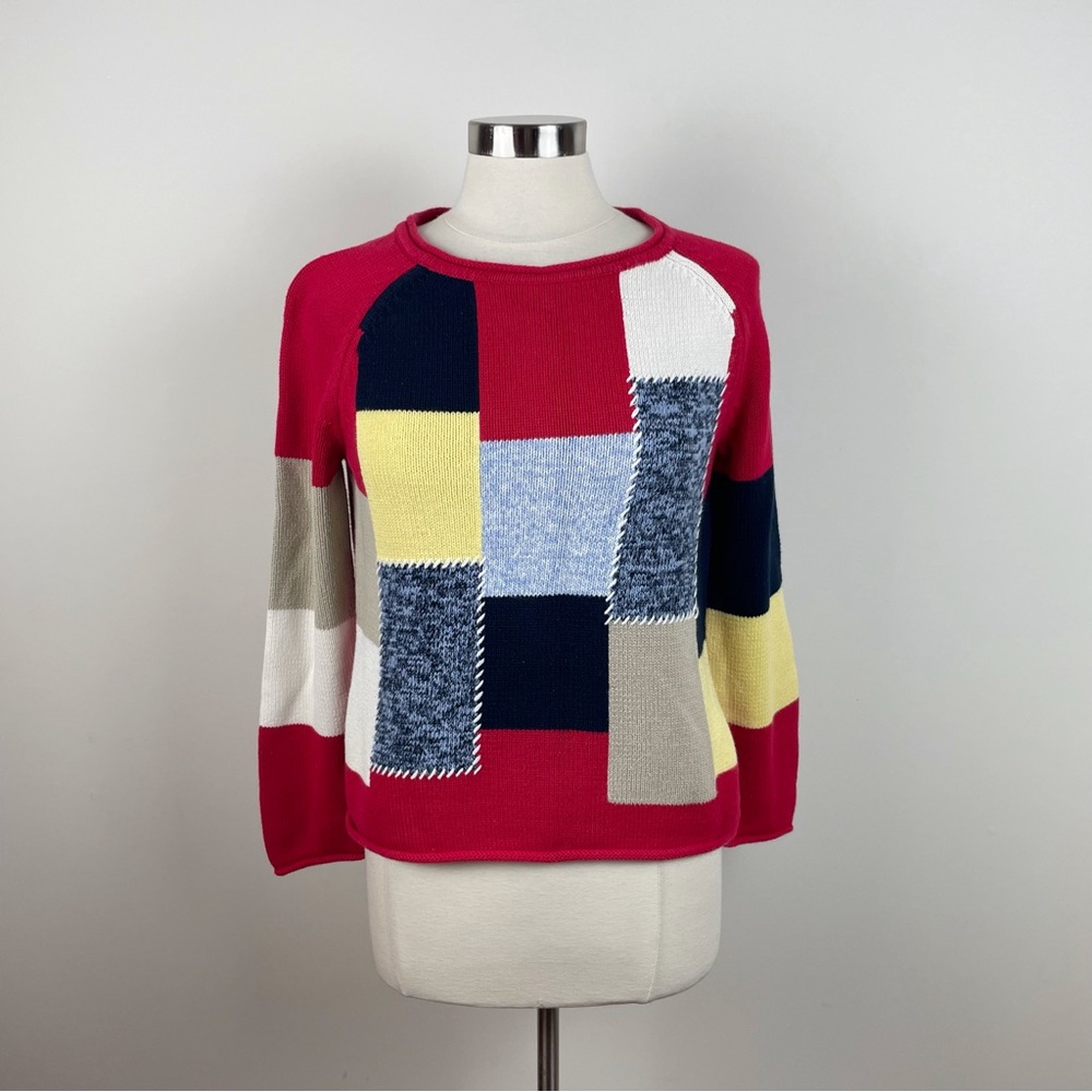 Jones Wear Sport Vintage Red Yellow White Color Block Knit Sweater Women Small